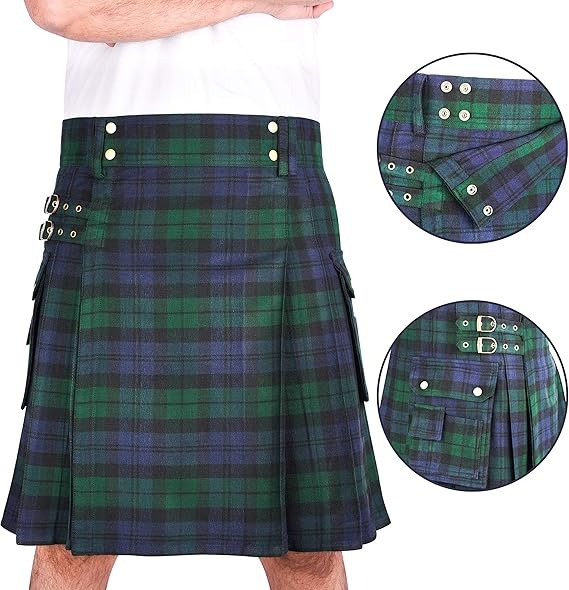 Black Watch tartan utility kilt with pockets and adjustable straps