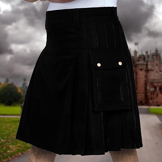 Plain black utility kilt showing pocket and buckle detail