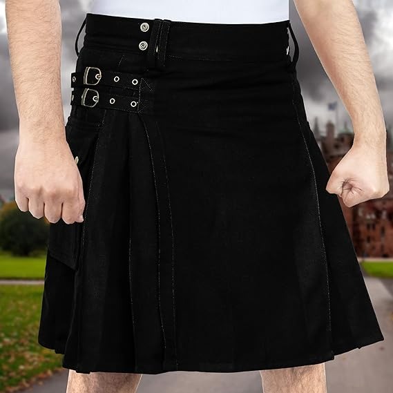 Plain black utility kilt full view